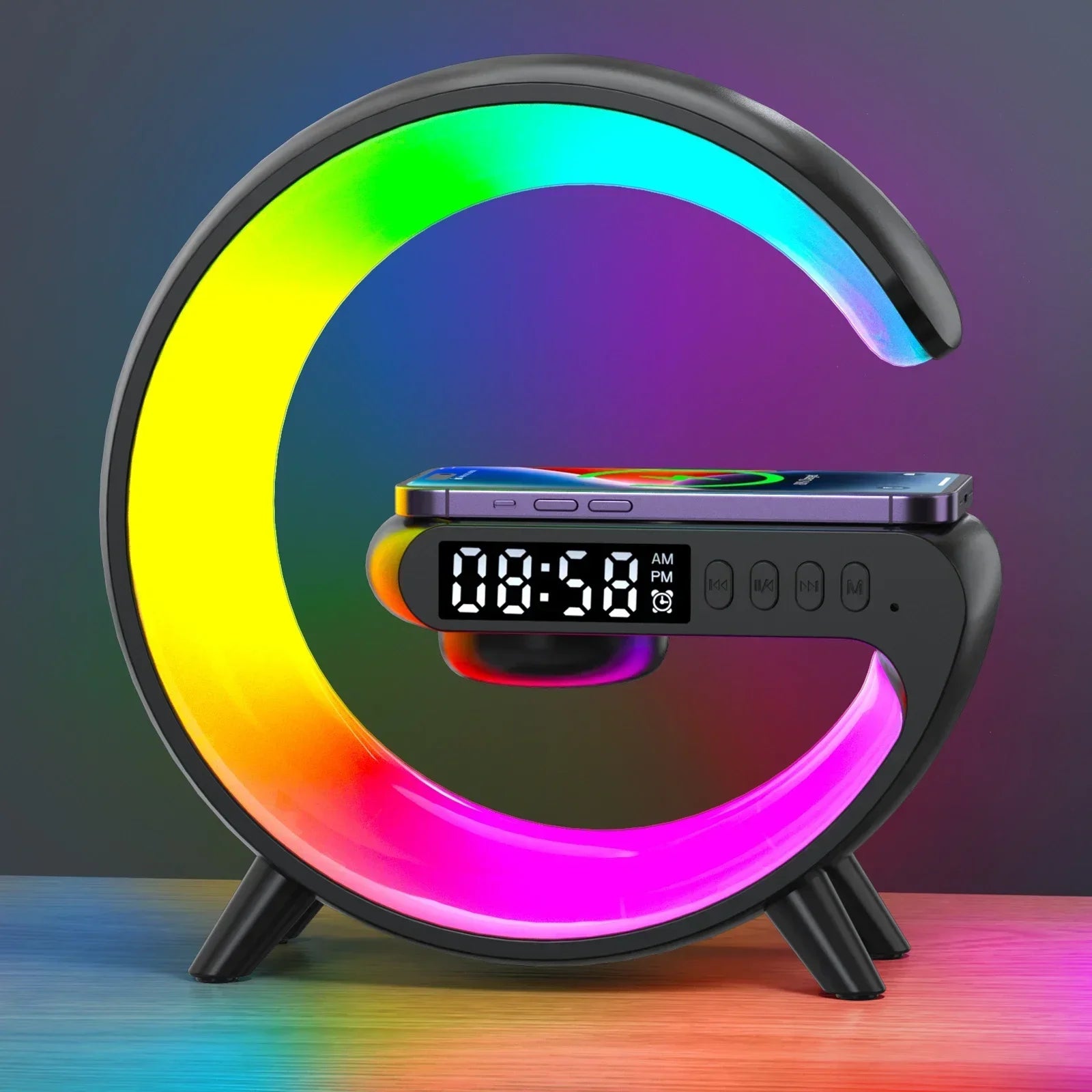 Soporte de cargador inalámbrico multifunción, altavoz despertador con luz RGB para iPhone, Samsung, Xiaomi, Mini estación de carga rápida
