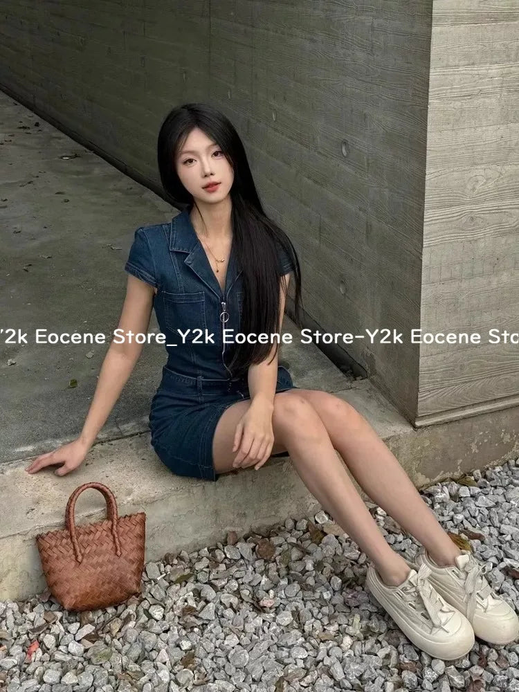 Vestido corto vaquero negro Retro americano para mujer, vestido elegante ajustado de una pieza con cremallera de verano, ropa informal de diseño de moda coreana