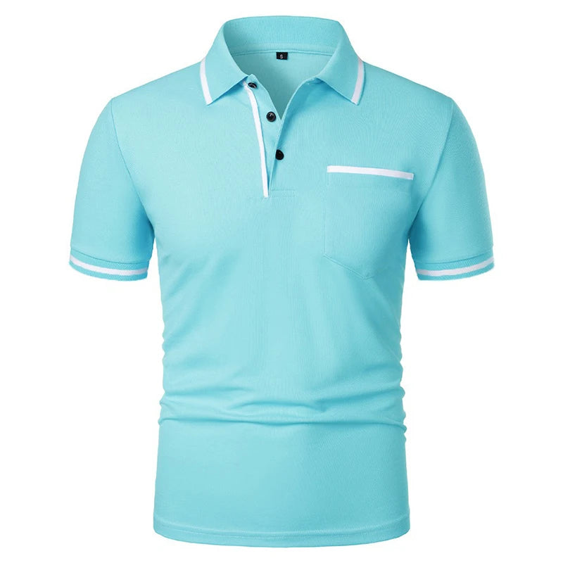 Nuevas camisas Polo de manga corta para hombre, camiseta informal de Color sólido, camisas de verano a la moda transpirables holgadas básicas con empalme y bolsillos superiores para hombre