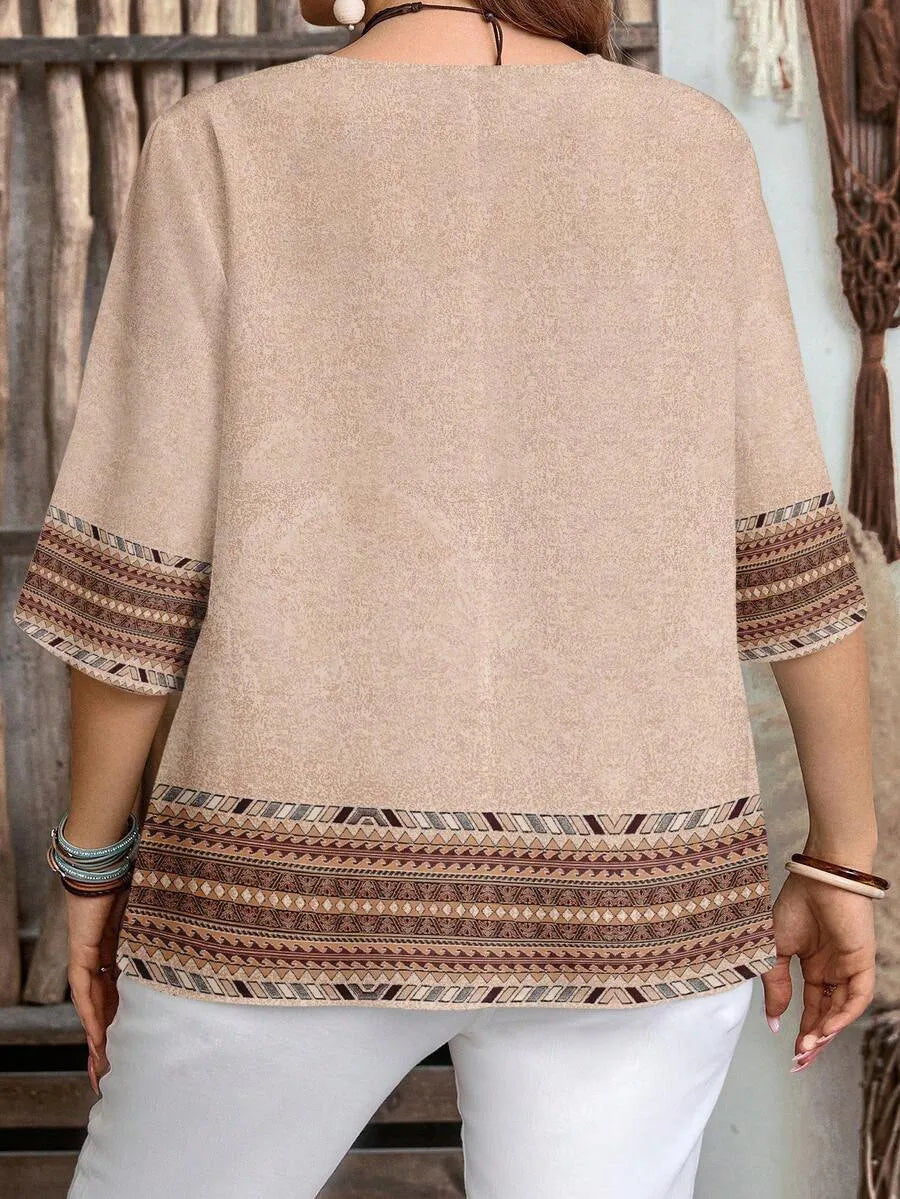 Camisa de manga corta de ocio con botón frontal y patrón retro para mujer de talla grande primavera/verano/otoño traje esencial de verano