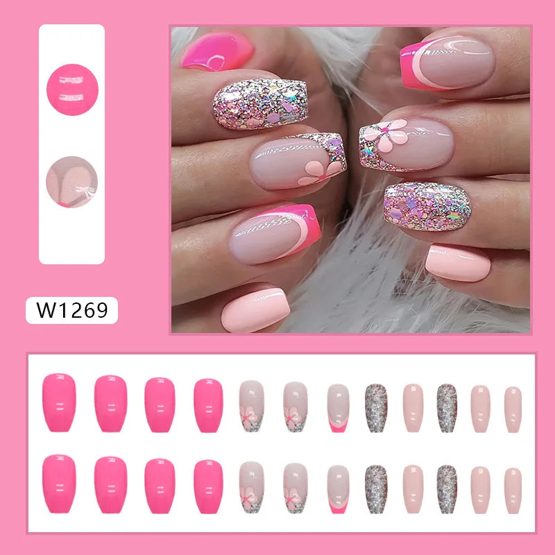Dulce francés 24 Uds. De uñas postizas degradadas rosas, manicura de dedos artificiales brillantes, uñas postizas reutilizables para mujeres