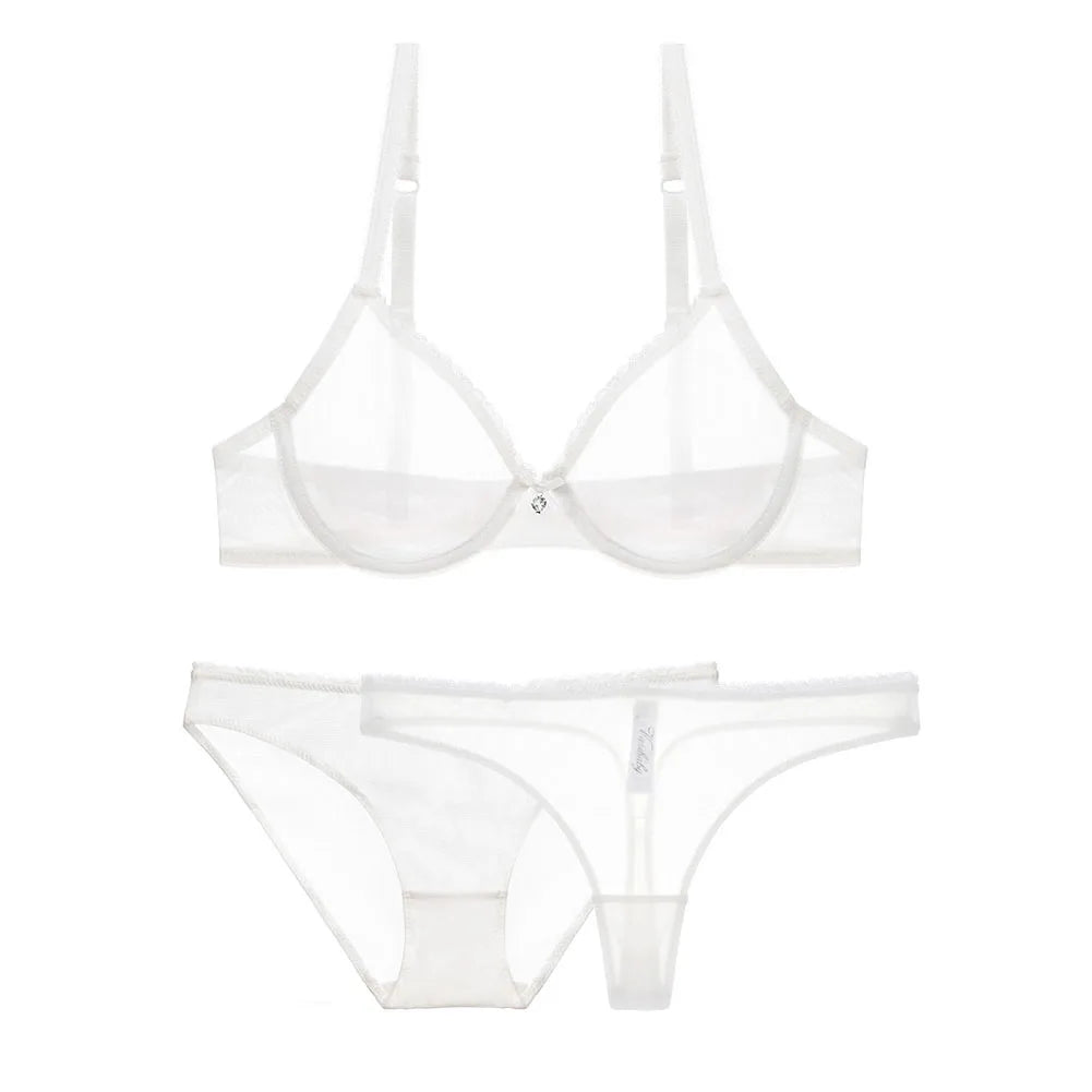 Varsbaby-ropa interior de encaje de malla de copa ultrafina, transparente, sin forro, 1 sujetador + 2 bragas, conjunto de sujetador de talla grande para mujer
