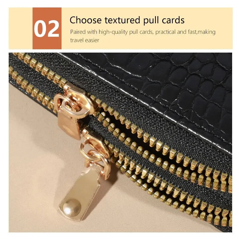 Cartera elegante para mujer con múltiples tarjetas: bolso de mano seguro con doble cremallera |   Monedero casual de cuero PU con bolso de tarjeta de cocodrilo de almacenamiento de estilo