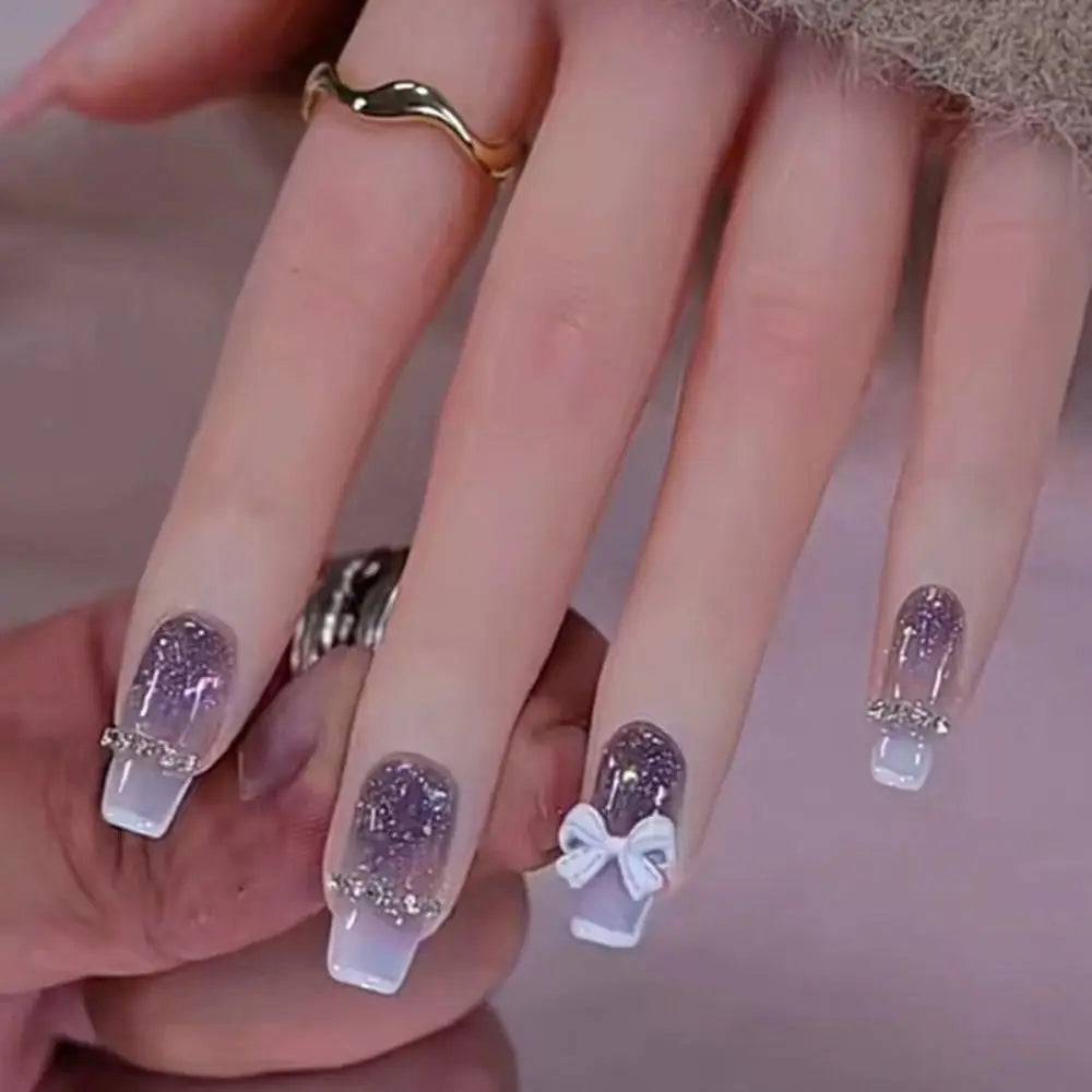 24 Uñas Postizas Degradadas Francesas Estilo Bailarina, Resistentes al Agua, Forma Ataúd Mediano, Uñas Falsas, Puntas de Uñas a Presión