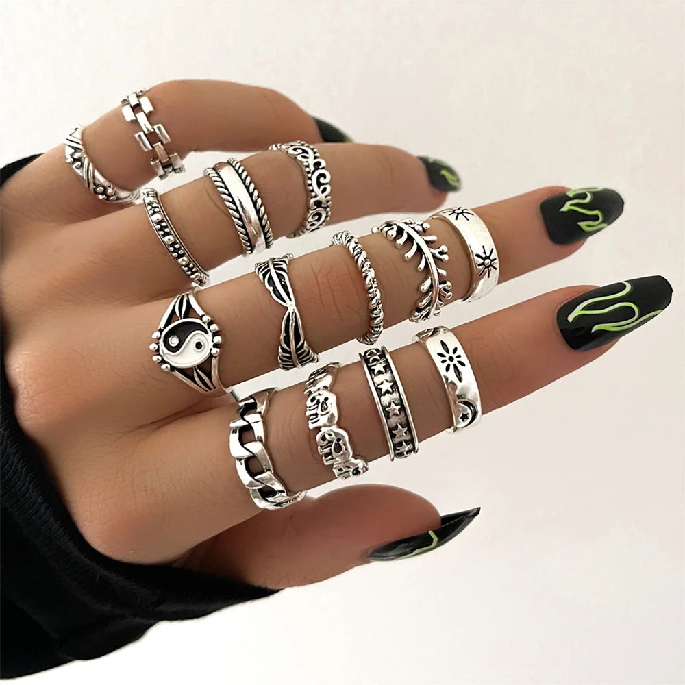 21 unids/set Punk gótico mariposa serpiente corazón anillos conjunto para Mujeres Hombres Vintage plateado geométrico anillos de dedo joyería de fiesta