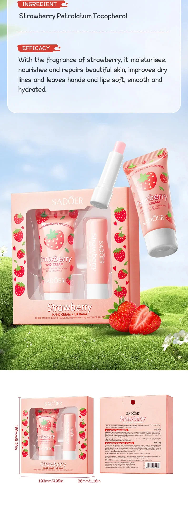 Crema nutritiva de fresa para manos, bálsamo labial, juegos de cuidado de la piel, hidratante, labios regordetes, lápiz labial de frutas, labios regordetes, cuidado de la piel de las manos