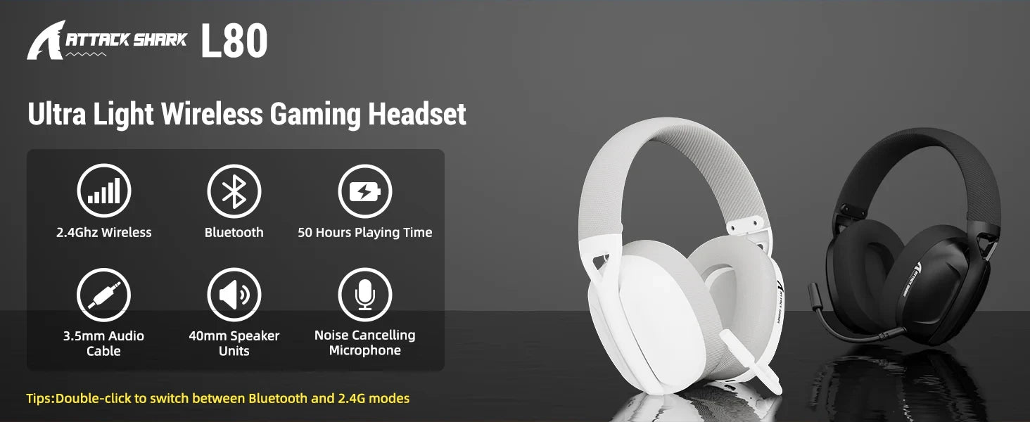 ATTACK SHARK L80 Auriculares para juegos ultraligeros de tres modos Auriculares para juegos inalámbricos ligeros para PC/PS4/PS5/Switch/Xbox