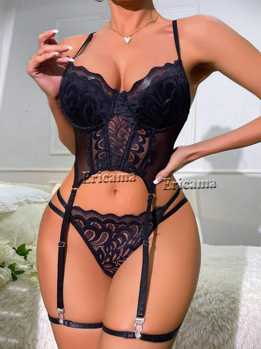 Conjunto de lencería erótica de encaje con decoración de lazo, sujetador íntimo calado con tiras, Tanga y liguero, lencería y ropa interior Sexy para mujer