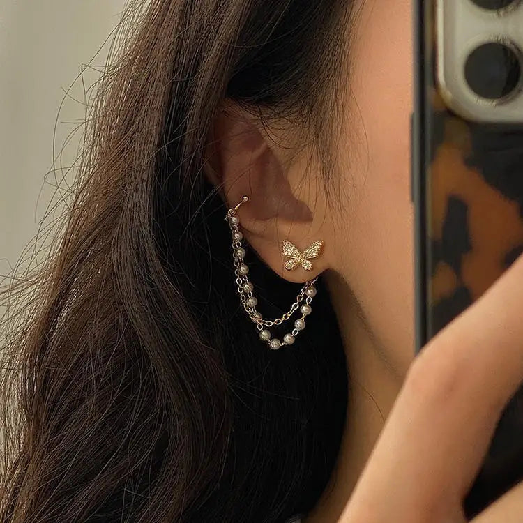 Pendientes de tuerca de mariposa con diamantes de imitación para mujer y niña, joyería de cadena de Metal, regalos