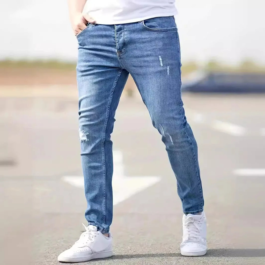Nuevos pantalones vaqueros para hombre, pantalones elásticos ajustados, ropa de calle, pantalones vaqueros clásicos con bigotes de gato rasgados, pantalones vaqueros informales con cremallera ajustada, ropa vaquera negra bl