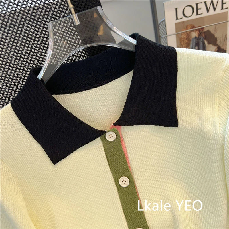 Primavera Verano 2025 diseño Sense Polo cuello mujer camiseta Casual cómoda Color contrastante Be All-match señoras Top de punto
