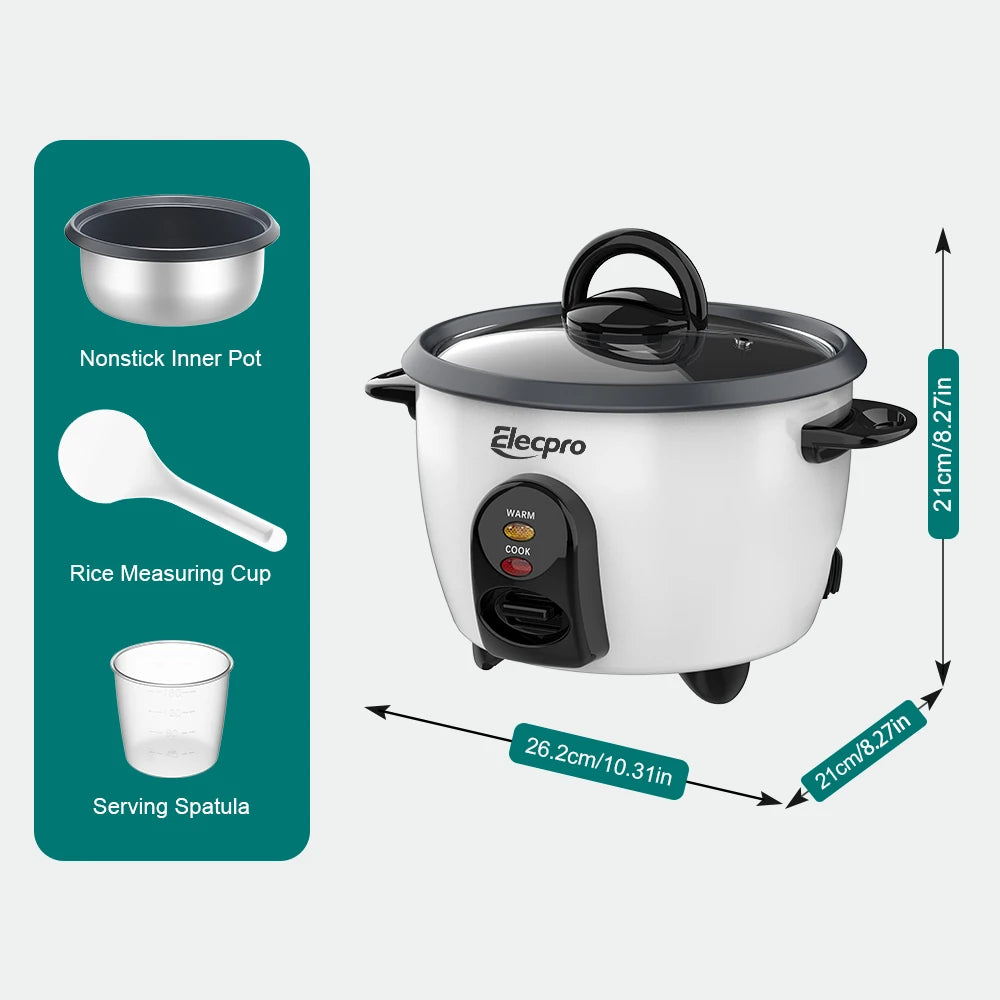 Elecpro Mini olla arrocera de 3 tazas de arroz con vaporizador, vaporizador de alimentos pequeño portátil, olla interior antiadherente extraíble de calidad alimentaria