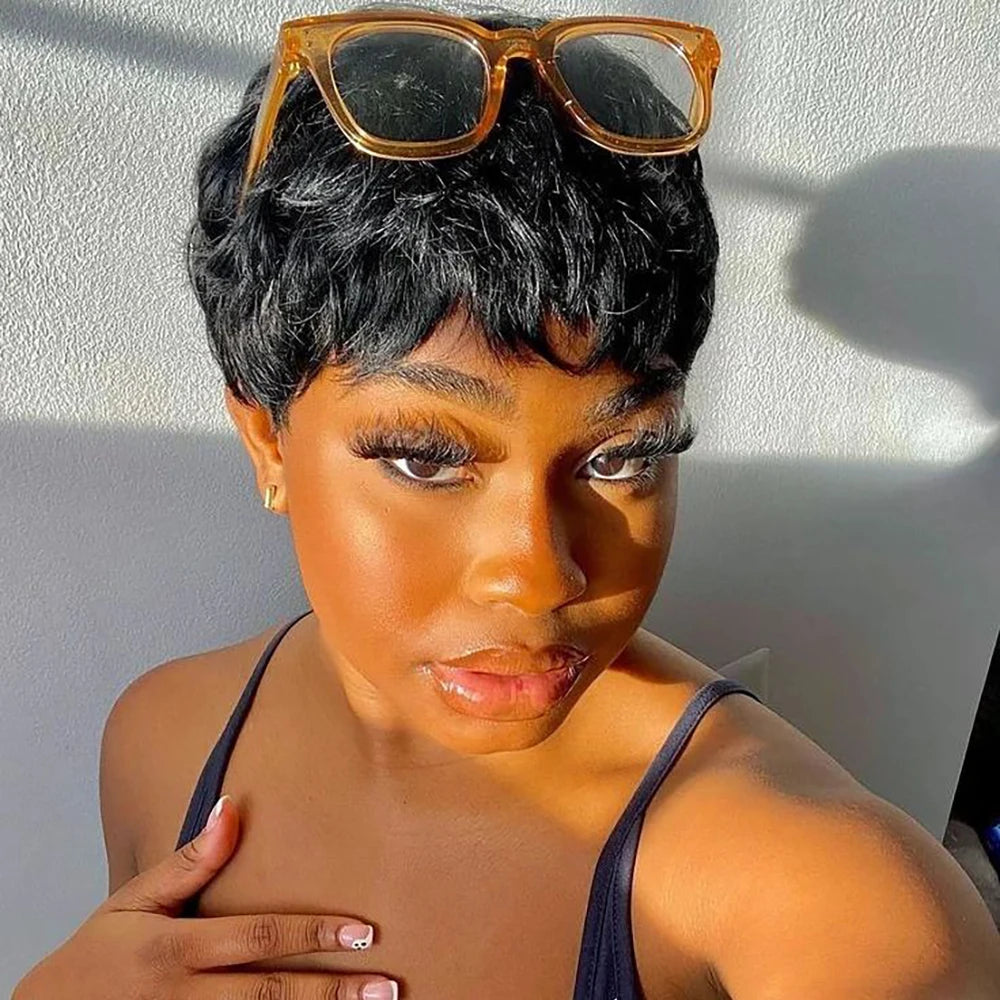 Peluca corta de corte Pixie, cabello humano para mujeres negras, pelucas hechas a máquina con flequillo, peluca corta, pelucas de cabello humano