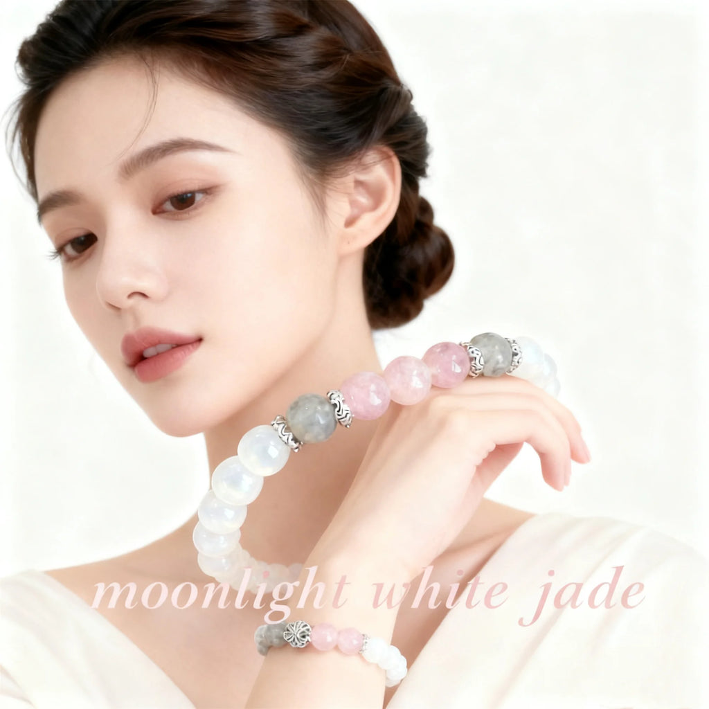 1 unidad/pulsera de jade blanco claro de luna, labradorita y cuarzo rosa calma, espiritual, nuevos principiantes, energía positiva, protección Stre