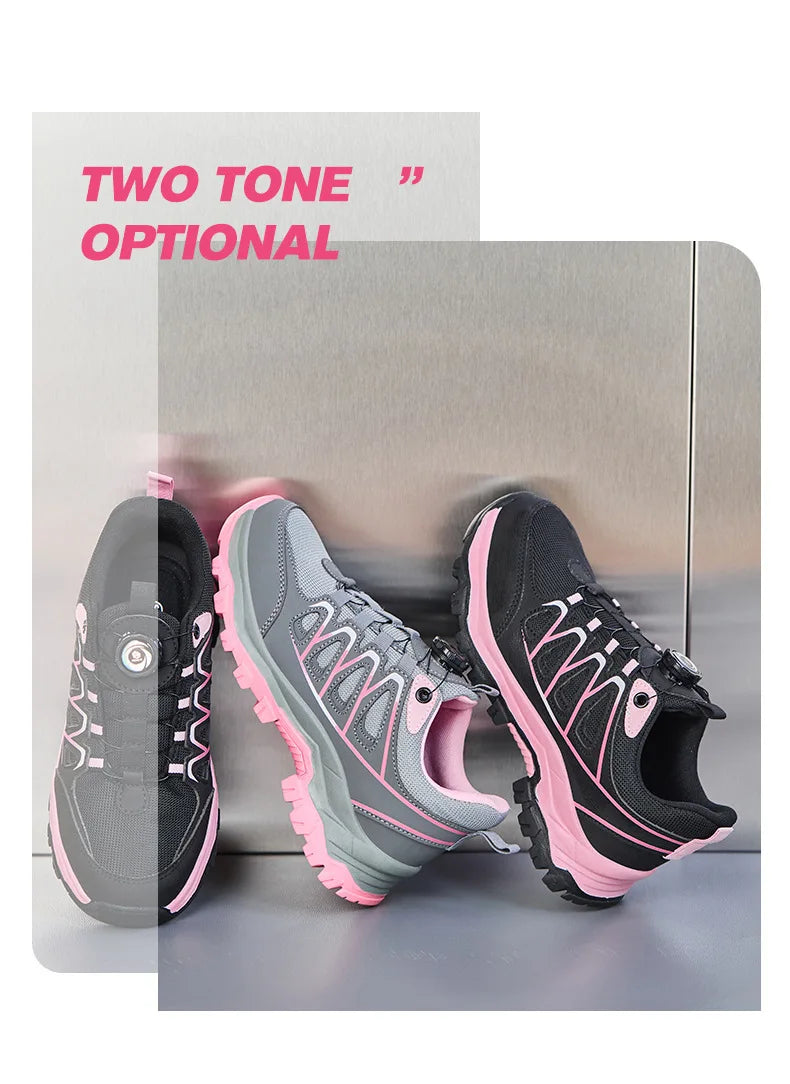 Zapatos de seguridad para el trabajo para mujer, zapatillas de trabajo con punta de acero, botón giratorio, transpirables, antideslizantes, protección a prueba de pinchazos, botas de seguridad rosas