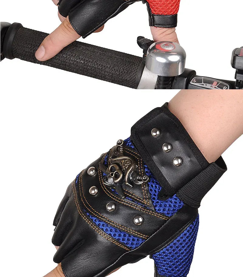 Guantes sin dedos de cuero PU de capitán pirata para hombre y mujer, manoplas con remaches de calaveras, guantes de gimnasio de Hip Hop, guantes de medio dedo para Moto femenina