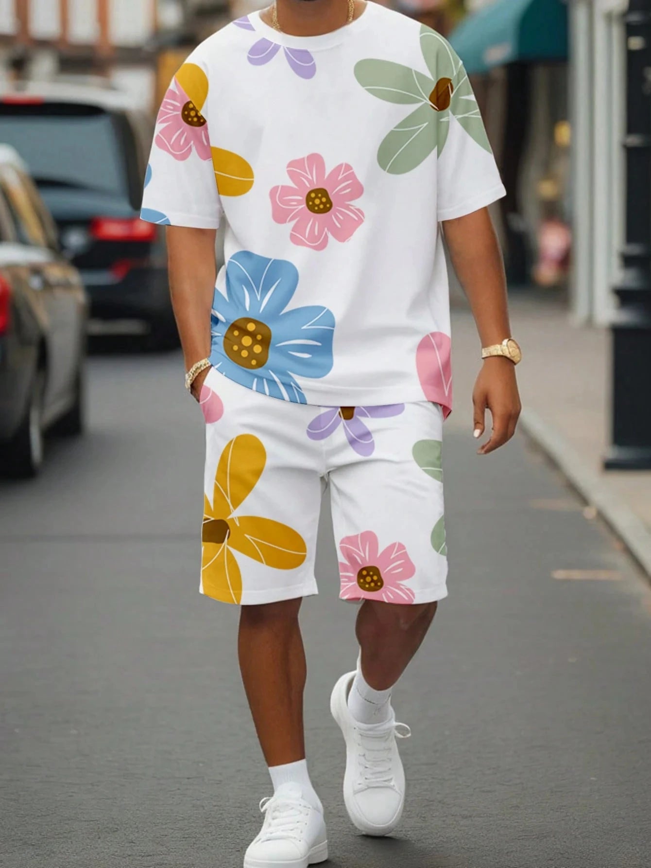 Conjunto de camiseta y pantalones cortos con estampado gráfico de flores en blanco y negro para hombre, conjunto de 2 piezas con cuello redondo, Top de manga corta, pantalones cortos con cintura elástica