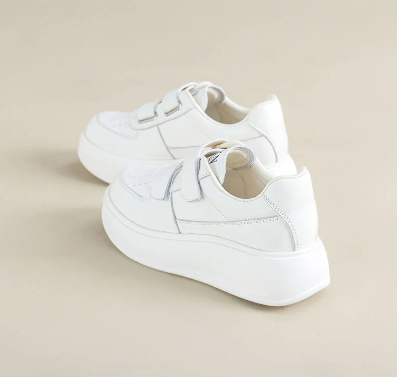 DRKANOL, zapatos de plataforma con suela gruesa y aumento de altura, zapatillas informales de cuero genuino para mujer, zapatos de tabla con gancho y bucle para mujer, color blanco