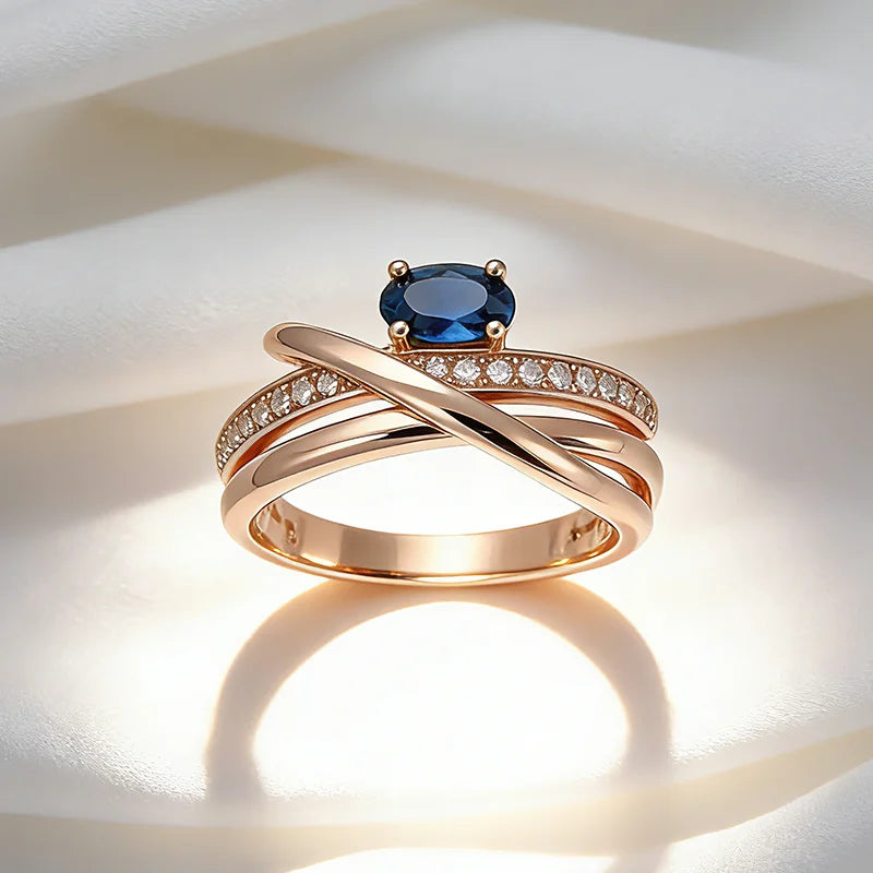 Kinel inusual 585 anillos cruzados de Color oro rosa para mujer, accesorios de circón Natural azul brillante de lujo, joyería diaria para fiesta