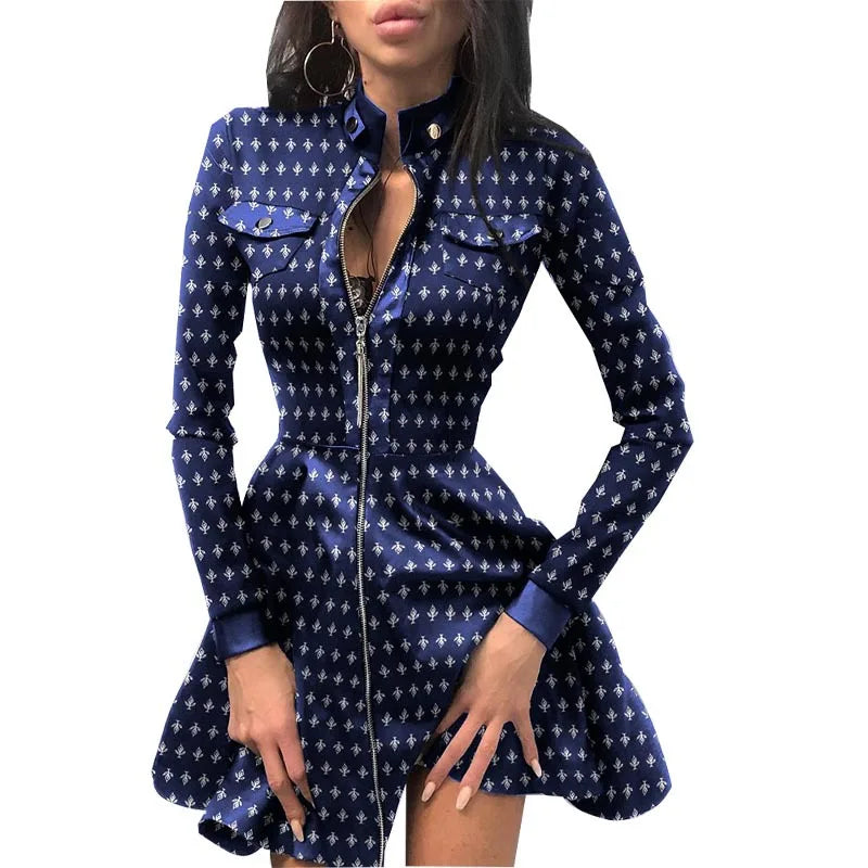 Minivestido Sexy para mujer, Vestidos de fiesta de retazos, manga larga, encaje, bolsillos con cremallera, cuello alto, botones, Delgado