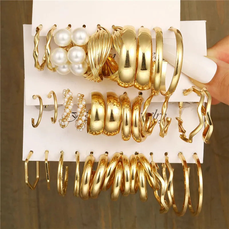 Conjunto de pendientes de aro bohemios de círculo grande para mujer, pendiente de perla Vintage bohemio de Color dorado, pendientes de circonita con forma de corazón, regalos de joyería