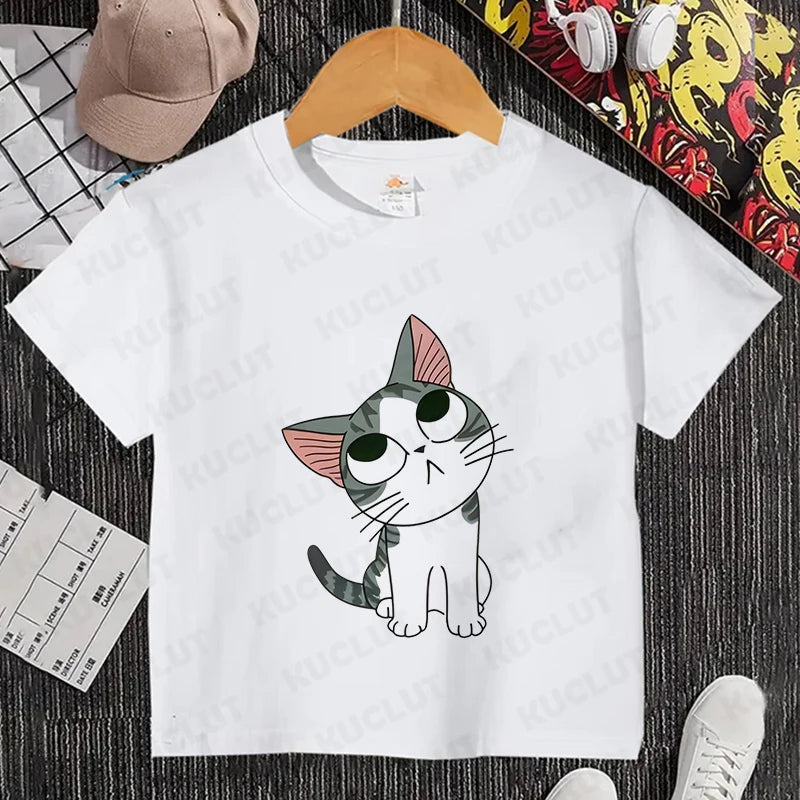 Camiseta con estampado de gato para niños y niñas, camiseta de dibujos animados, camiseta informal de manga corta, ropa cómoda y divertida para verano