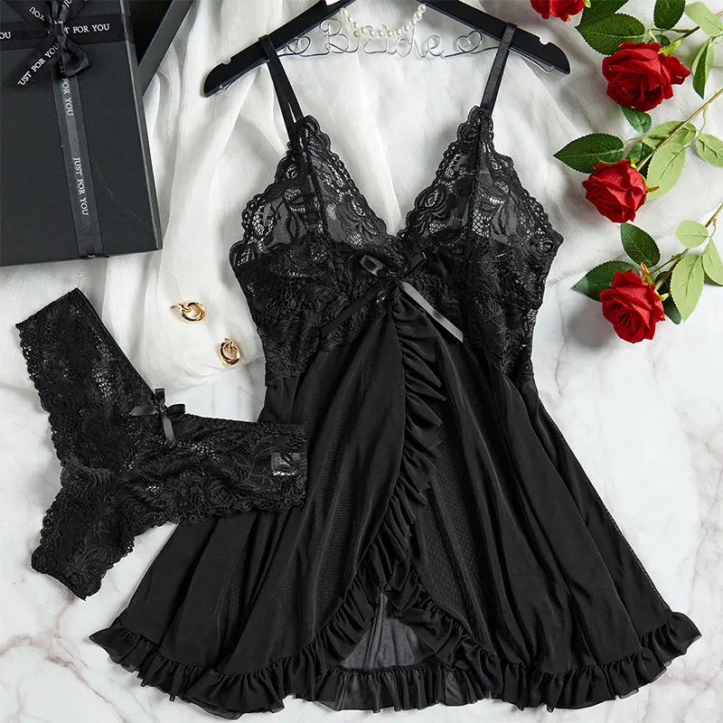 Conjunto de 2 uds de camisón de encaje para mujer, ropa de casa exquisita, nuevo pijama verde para la noche, camisón transparente dividido, conjuntos de bragas con sujetador con cuello en V