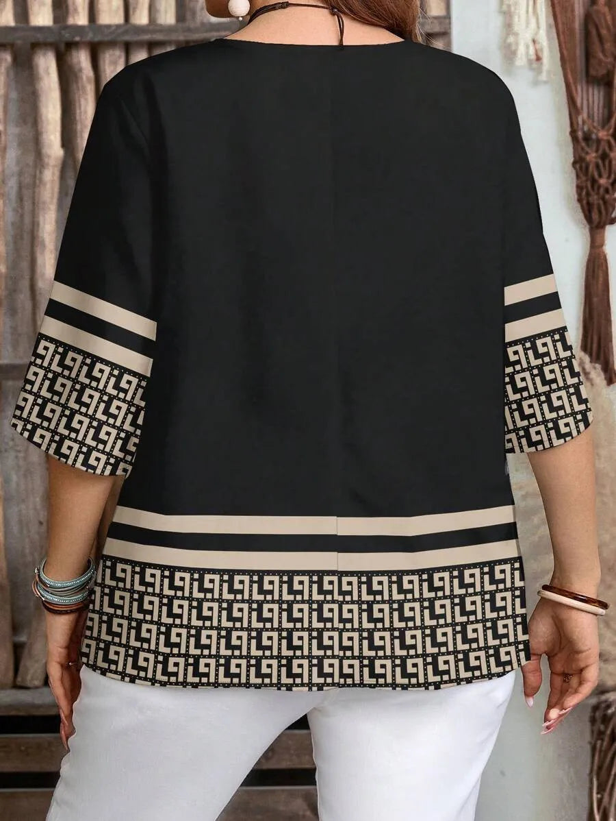 Camisa de manga corta de ocio con botón frontal y patrón retro para mujer de talla grande primavera/verano/otoño traje esencial de verano