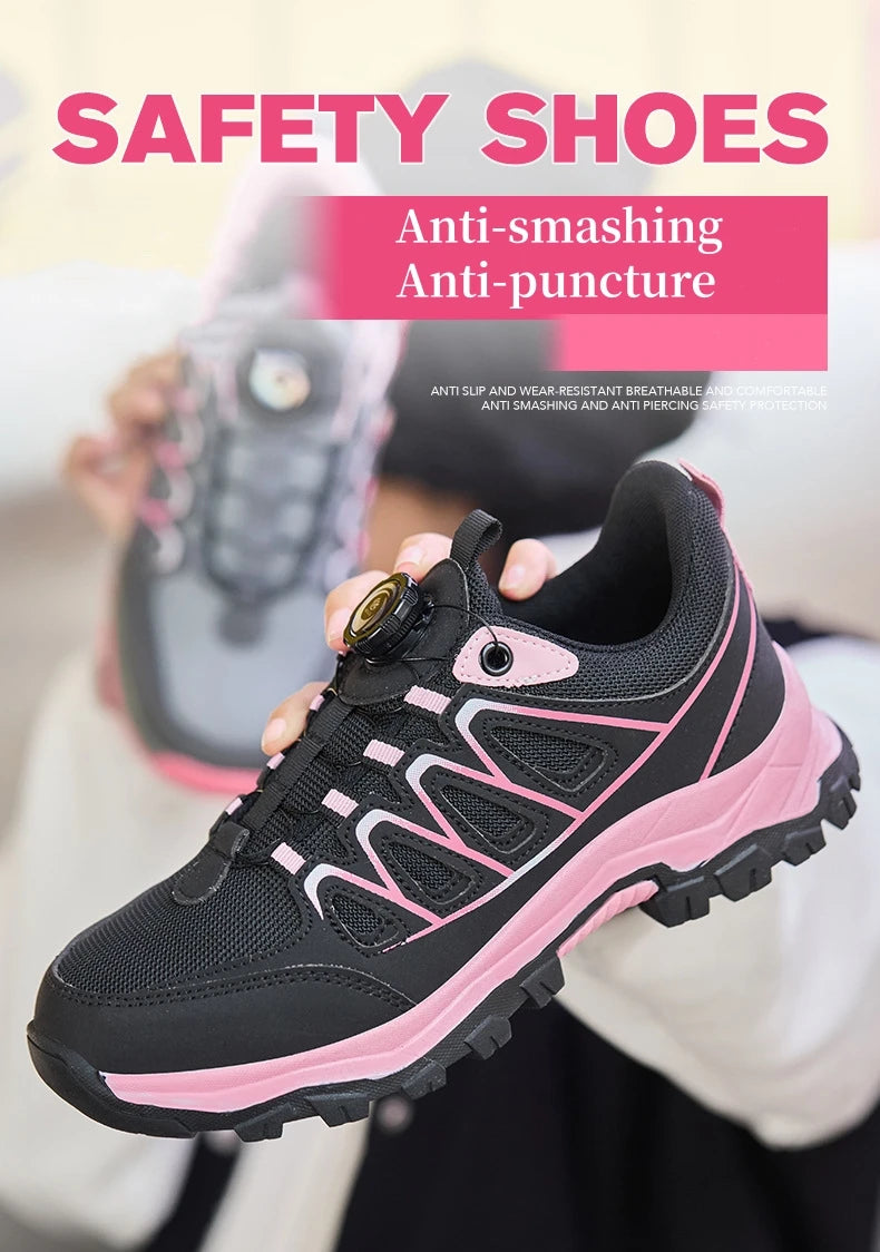 Zapatos de seguridad para el trabajo para mujer, zapatillas de trabajo con punta de acero, botón giratorio, transpirables, antideslizantes, protección a prueba de pinchazos, botas de seguridad rosas