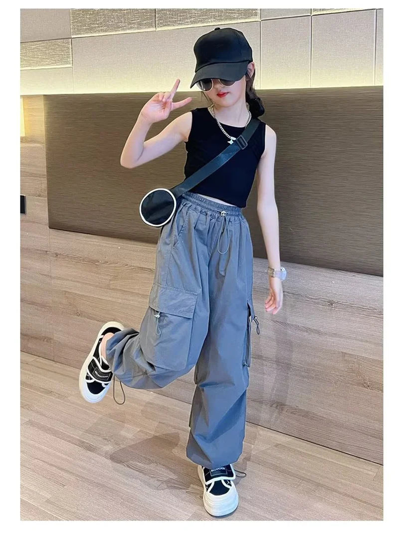 Pantalones Jogger Holgados para Niñas, Pantalones Cargo Casuales Rectos para Adolescentes, Pantalones de Moda para Niños con Bolsillos, Ropa Urbana para Niños Grandes de 5 a 14 Años