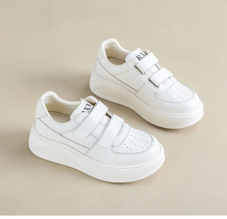 DRKANOL, zapatos de plataforma con suela gruesa y aumento de altura, zapatillas informales de cuero genuino para mujer, zapatos de tabla con gancho y bucle para mujer, color blanco