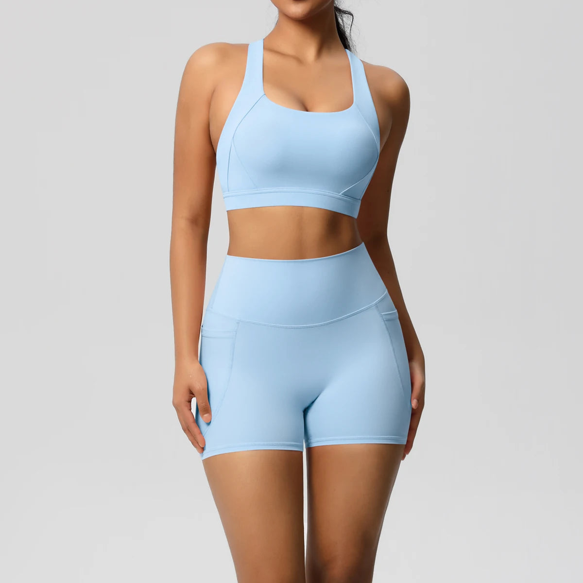 Ropa deportiva con bolsillo para mujer, conjunto de Yoga, ropa de gimnasio, trajes de Yoga para mujer, chándales, pantalones cortos deportivos, sujetador cruzado, mallas de gimnasio, 2 uds.