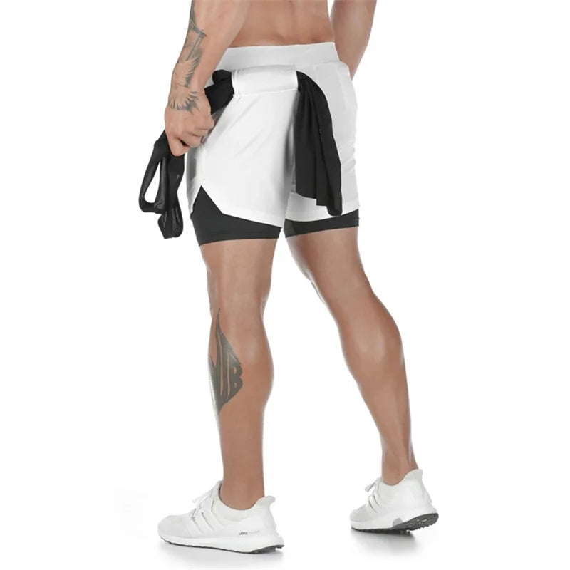 Pantalones cortos deportivos de doble capa para hombre, pantalones cortos deportivos 2 en 1 para entrenamiento de gimnasia, entrenamiento de secado rápido, trote, doble cubierta, verano