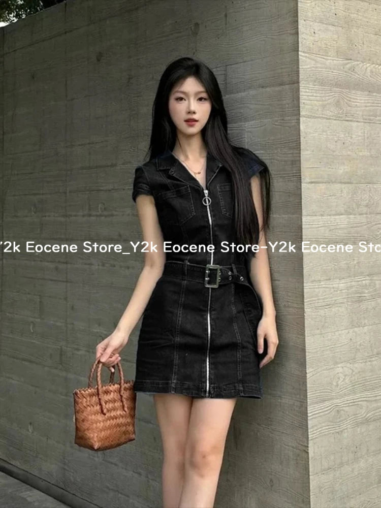 Vestido corto vaquero negro Retro americano para mujer, vestido elegante ajustado de una pieza con cremallera de verano, ropa informal de diseño de moda coreana