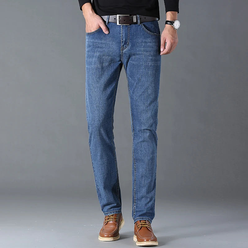 Primavera otoño hombres de negocios Jeans Casual recto estiramiento moda clásico negro cielo azul gris trabajo Denim pantalones marca ropa