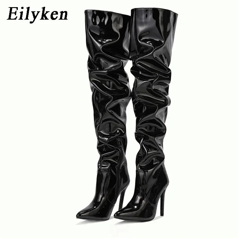 Eilyken-Botas por encima de la rodilla plisadas de charol para mujer, zapatos hasta el muslo con cremallera y punta estrecha, a la moda, alta calidad