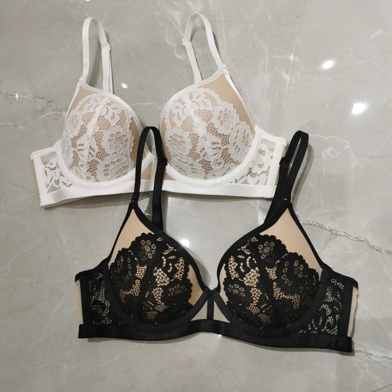 Conjunto de sujetador y bragas con forro fino de retazos de encaje sin espalda en U, ropa interior con realce, lencería hermosa para mujer, bragas de malla
