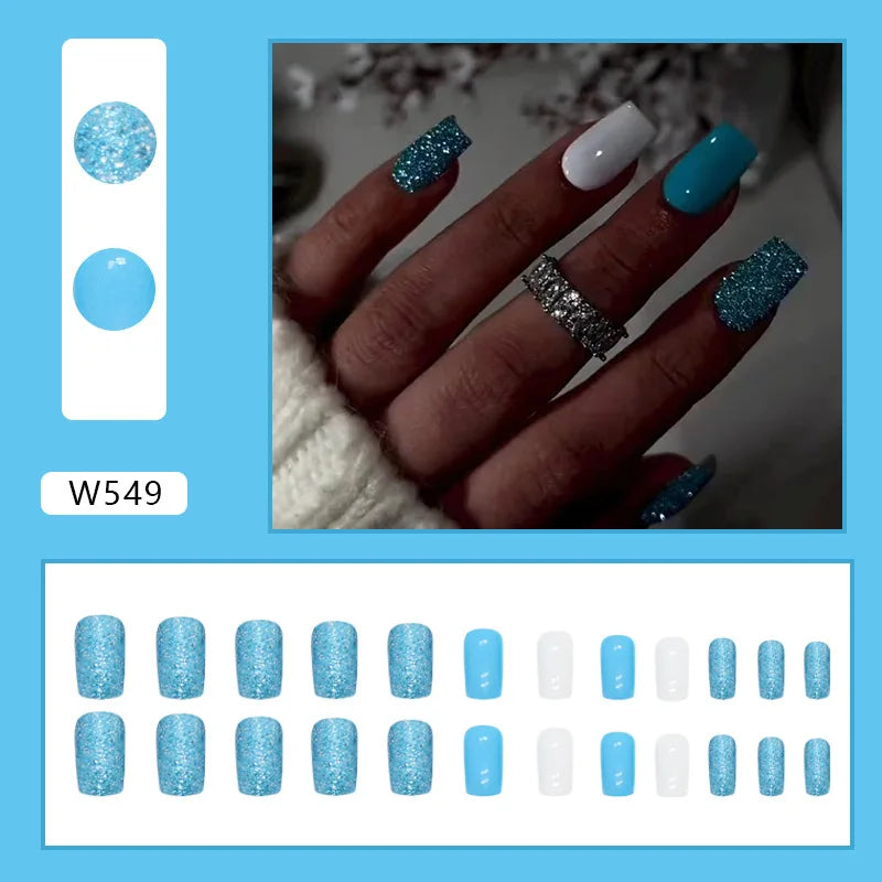 Dulce francés 24 Uds. De uñas postizas degradadas rosas, manicura de dedos artificiales brillantes, uñas postizas reutilizables para mujeres