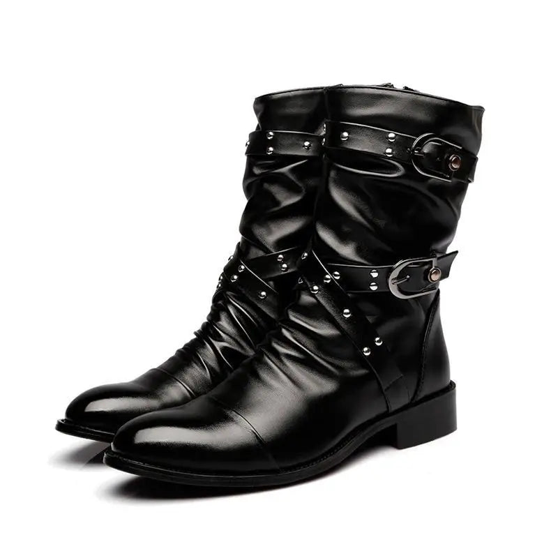 Botas de tubo medio de cuero de alta calidad para hombre, zapatos clásicos de moda para Otoño e Invierno, zapatos Punk Rock negros, informales para hombre y mujer de talla grande 38-48