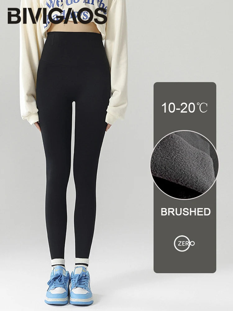 BIVIGAOS-mallas gruesas de terciopelo de Alpaca para mujer, mallas de tiburón negro, cintura alta, ajustadas, sin costuras, cálidas, para otoño e invierno