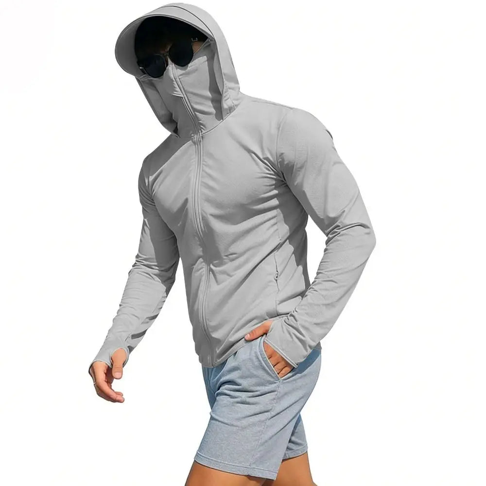Nueva sudadera con capucha de seda helada para hombre, protección solar, secado rápido, cremallera completa, camisa UV de manga larga con máscara facial, camisa de pesca para hombre