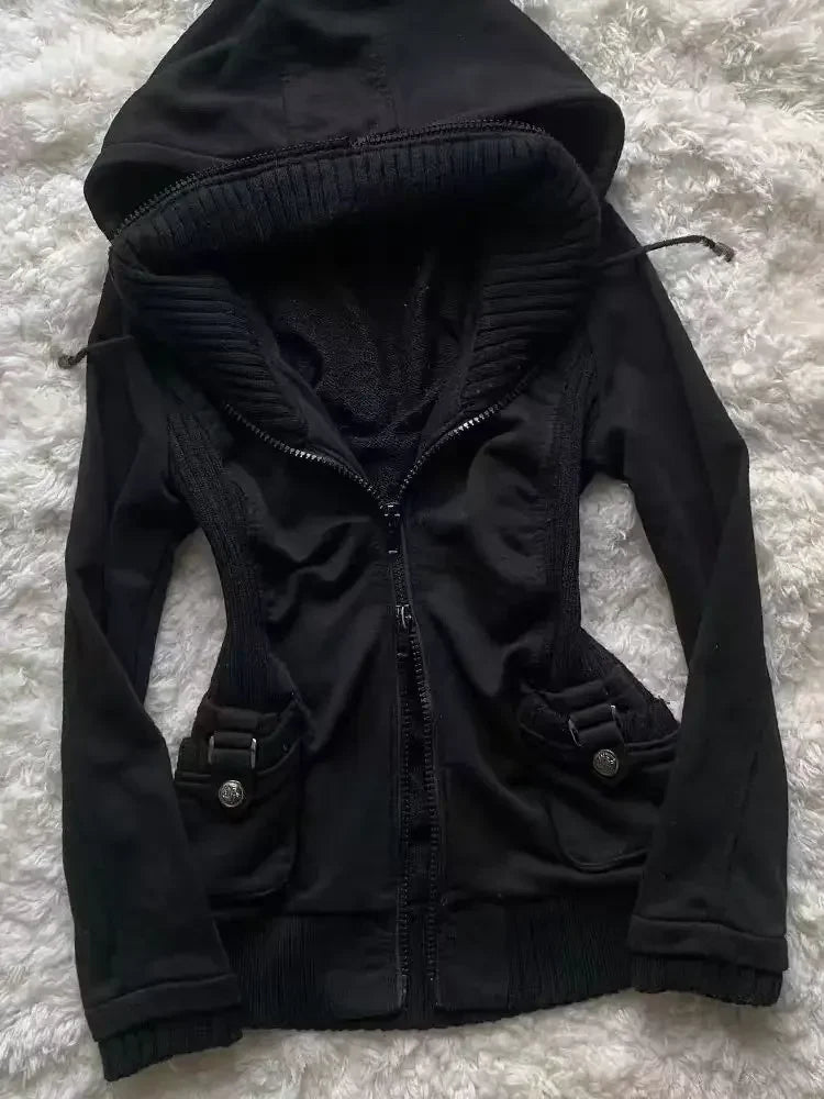 Sudadera con capucha informal para mujer, sudaderas góticas Retro, estilo Punk Hip Hop, cárdigan multifuncional de calle alta, nueva tendencia, color negro