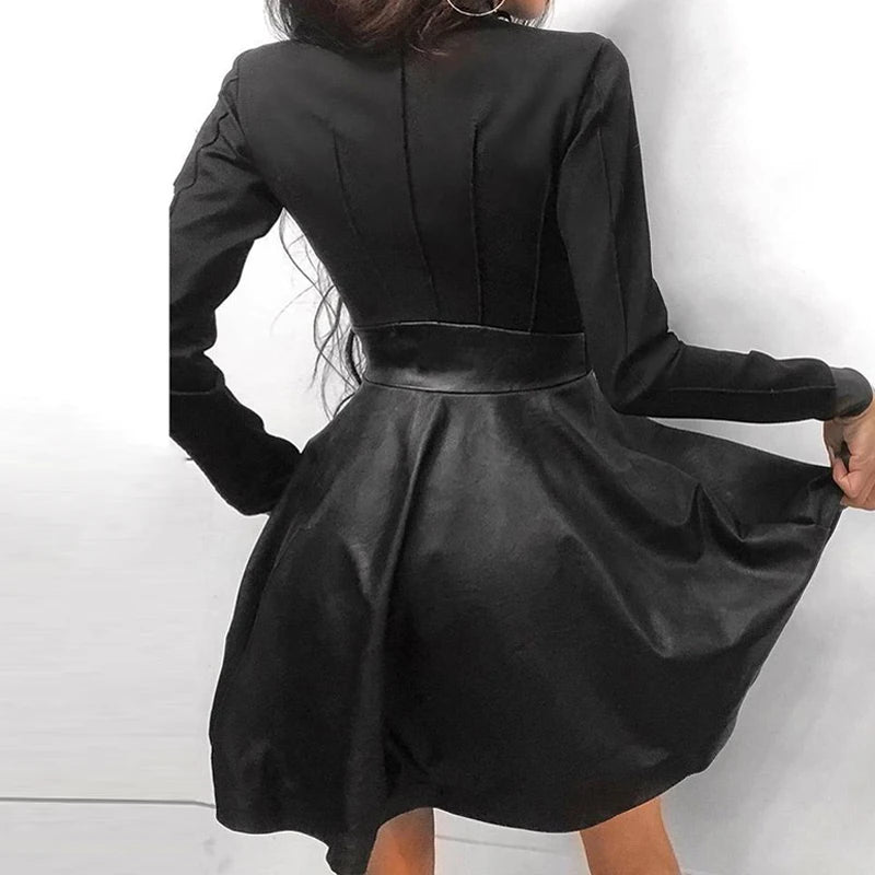 Minivestido Sexy para mujer, Vestidos de fiesta de retazos, manga larga, encaje, bolsillos con cremallera, cuello alto, botones, Delgado