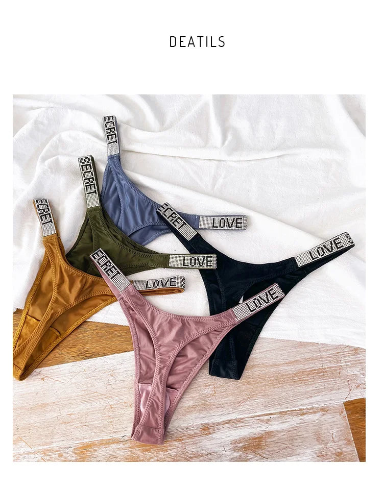 Tangas sexis de cintura baja para mujer, bragas con diamantes de imitación y letras, Tanga deportiva, pantalones cortos, calzoncillos con espalda en T, talla S-XL para Fitness