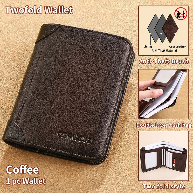 GERUOLA Cartera delgada de cuero genuino con protección RFID para hombre, tarjetero multifuncional para identificación y tarjeta de crédito, color marrón oscuro con adornos