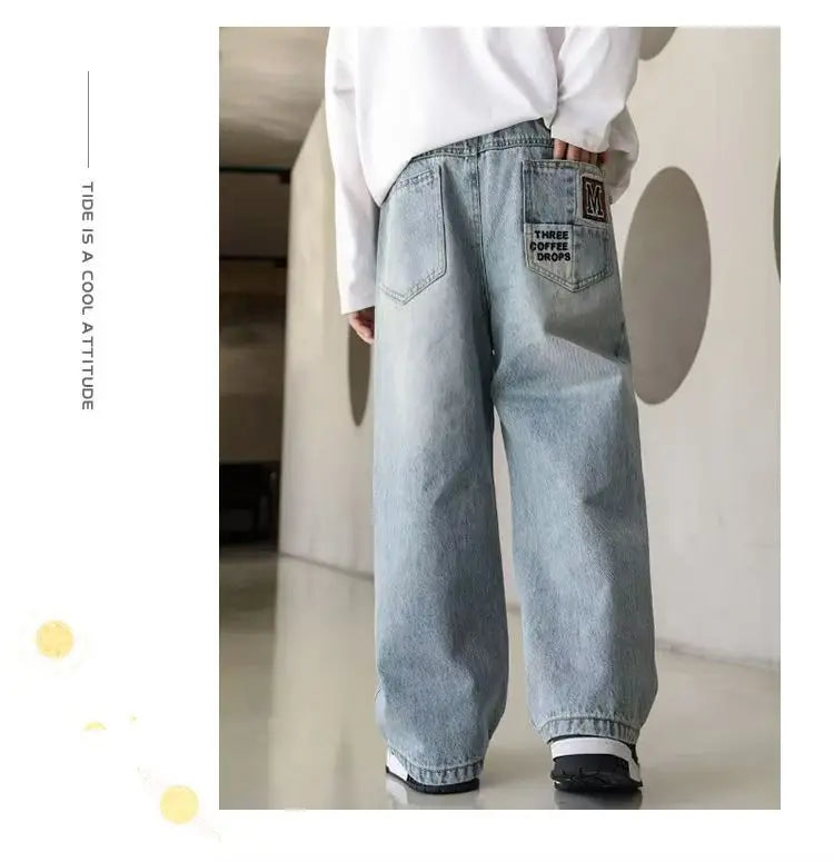 Pantalones vaqueros cálidos de invierno para niños, nuevo estilo, pantalones vaqueros holgados de pierna recta de marca a la moda para adolescentes y niños, pantalones sueltos para niños