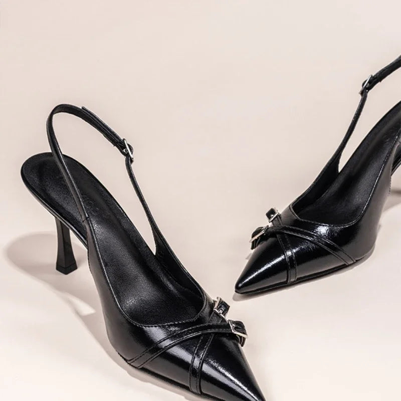 Nuevos zapatos de tacón alto con punta estrecha a la moda, zapatos de tacón alto con hebilla elegante decorada, zapatos de mujer negros de aguja NO: 602