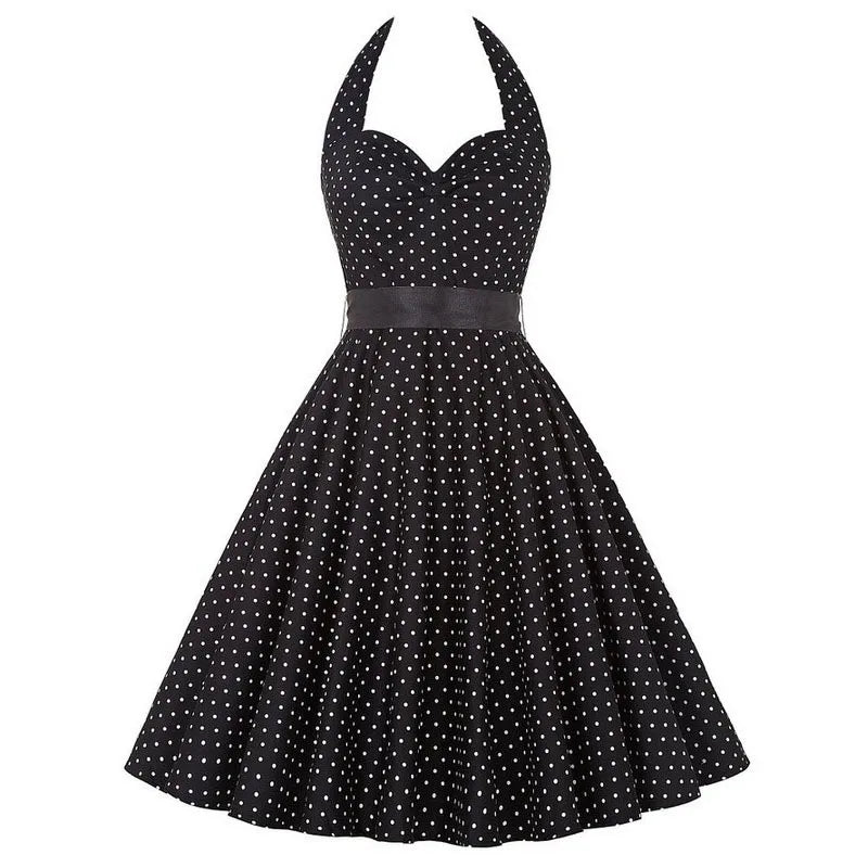 Elegante Vestido de Mujer con Estampado de Puntos, Estilo Hepburn de los Años 50 y 60, Vestido Vintage Sexy con Cuello Halter, Estilo Rockabilly Retro para Fiesta u Oficina, Vestido Pinup 2026