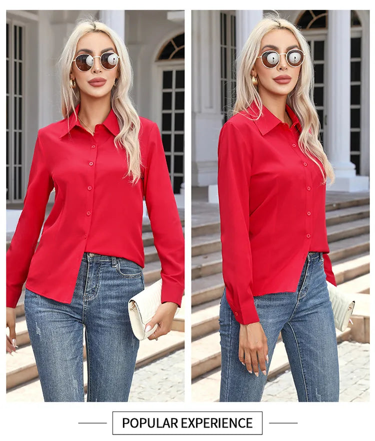Blusa Elegante de Gasa con Botones para Mujer, Camisa Informal de Manga Larga con Cuello Camisero para Primavera y Verano, Blusa Tipo Túnica para Oficina