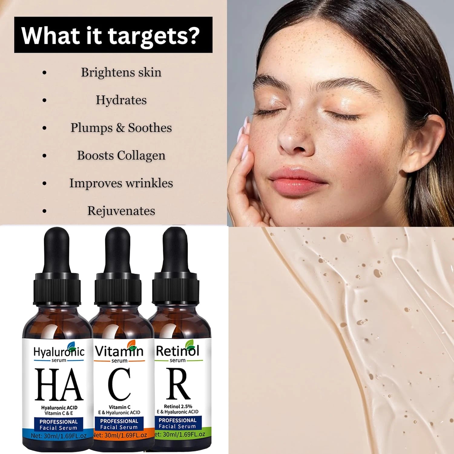 Sueros faciales, juego de cuidado de la piel, vitamina C, ácido hialurónico, suero de Retinol para reafirma la cara, suero hidratante iluminador para cara Se